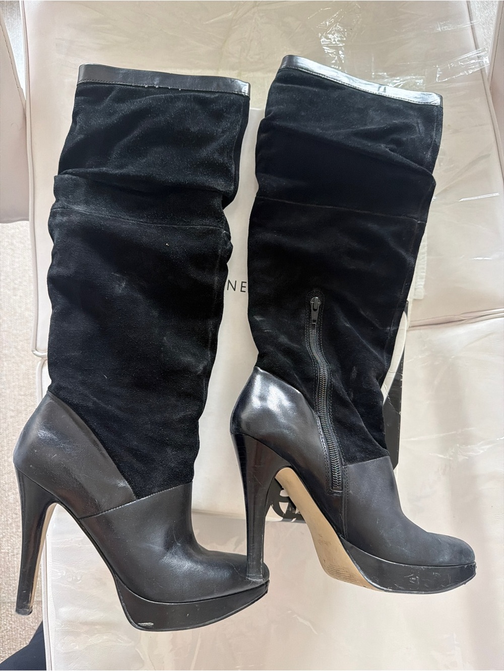 Nine West Black Suede and Leather Knee-High Heeled Boots
